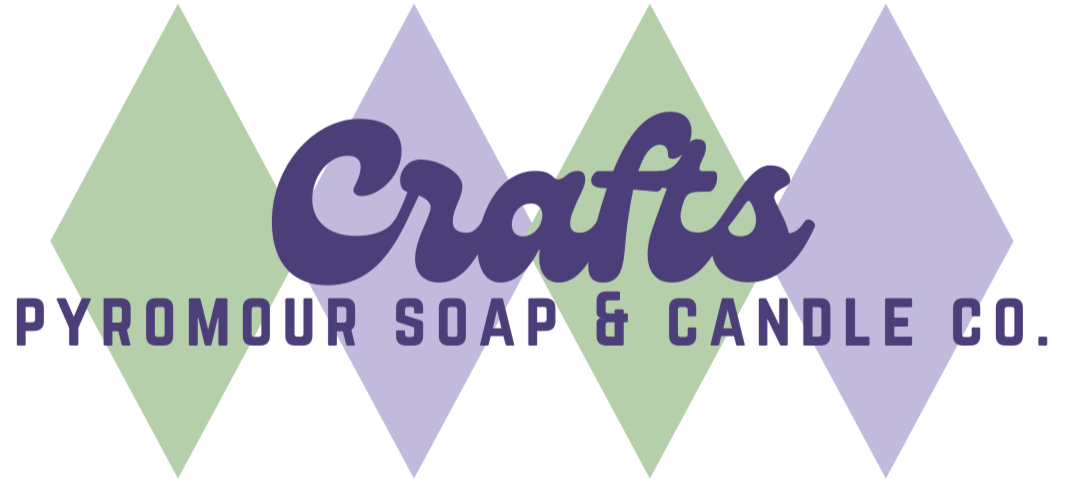 The words "Crafts, PYROMOUR Soap and Candle Co." The background has four diamonds, alternating in color between light green and lavender.